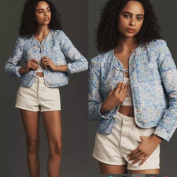 Anthropologie Jackets & Blazers - DOLAN anthropologie Bow-Front Linen Quilted Lady Jacket Blue Print 26343